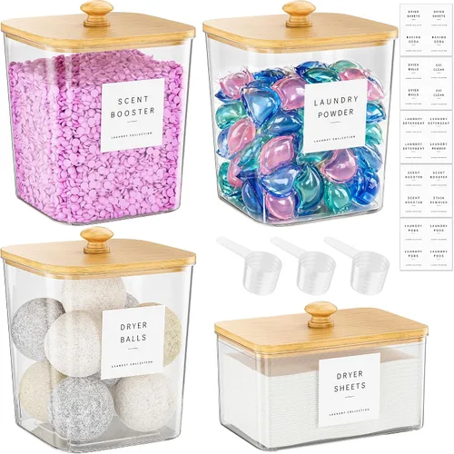 Vista 15 de Moforoco 2+1 Pack Bamboo Laundry Pods Container, Clear Laundry Room Organization Containers,Large Laundry Detergent Powder Storage Containers Lids &