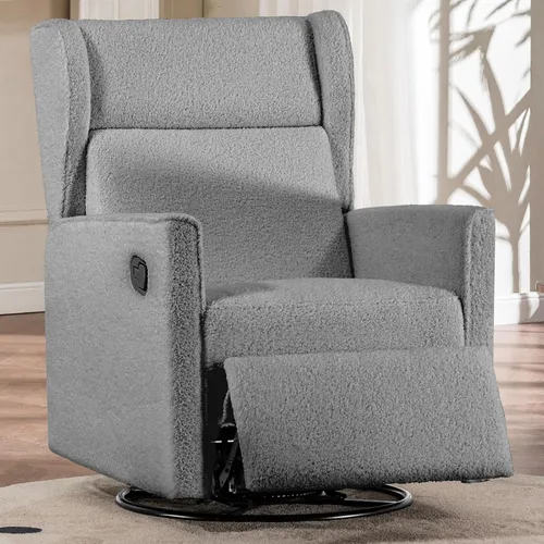 Vista 9 de COMHOMA Mecedora para Cuarto de Bebé Teddy Tapizada Mecedora Giratoria Reclinable Manual Deslizante Silla Reclinable para Sala de Estar Dormitorio