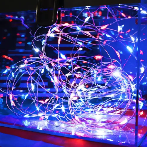 Vista 2 de Curyidy Luces de Decoración del 4 de Julio, Luces de Hadas Rojas Blancas y Azules Paquete de 2 Cadenas de 100 LED con Control Remoto Luces