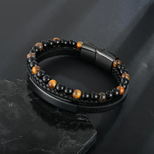 Vista 5 de Raymard Pulsera de cuentas de piedra volcánica de piedra volcánica de ónix negro y ojo de tigre mate para hombre, pulsera de cuero trenzado negro