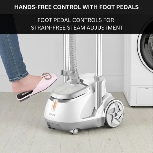 Vista 13 de SALAV® Vaporizador profesional para ropa de pie – Vaporizador de ropa resistente de 1500 W con cable retráctil, control de pedal de pie, ruedas