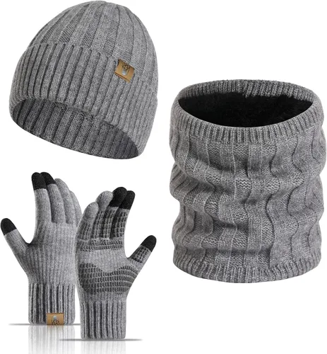 Vista 8 de Beanie Hat and Touchscreen Gloves with Winter Scarf 3PCS Set for Men Women Negro