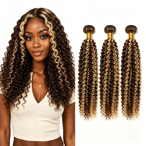 Vista 171 de P4613 Cabello humano rizado onda profunda marrón y paquetes mixtos 8 10 12 P4613 Ombre Marrón-Rubio-DP