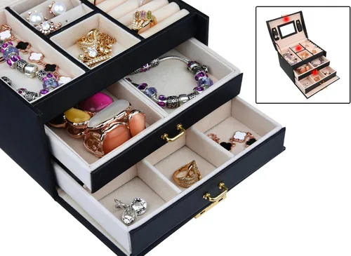 Vista 4 de Caja de joyas de piel Goldwheat con cerradura y espejo. Excelente regalo para mujeres., Cuero sintético, Negro, M
