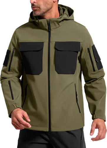 Vista 16 de FREE SOLDIER Chaqueta impermeable Softshell con forro polar para hombre, chaqueta táctica militar con capucha rompevientos
