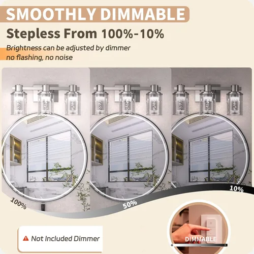 Vista 3 de Quntis Lámparas de baño de níquel cepillado con 5 modos de color, lámpara de tocador de baño moderna regulable de 3 luces sobre espejo, lámpara