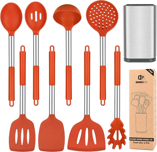Vista 10 de Juego de utensilios de cocina de silicona, 8 utensilios de cocina antiadherentes con mango de acero inoxidable, herramientas de cocina resistentes