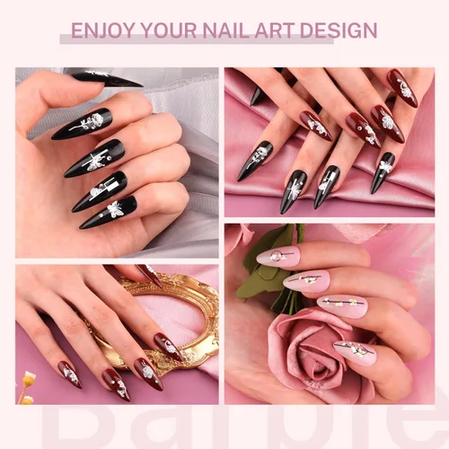 Vista 3 de 8 hojas de calcomanías de arte de uñas con flores 5D, calcomanías de uñas en relieve con pinzas, pegatinas autoadhesivas, uñas rosas y blancas