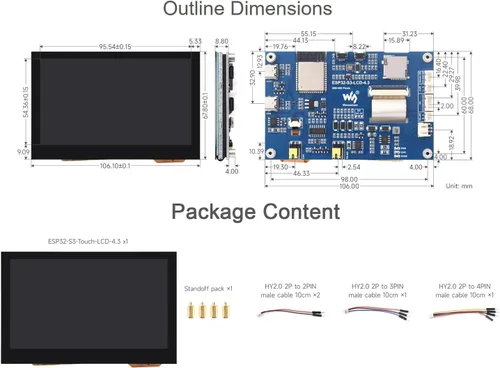Vista 6 de waveshare Pantalla táctil capacitiva de 4.3 pulgadas basada en placa de desarrollo de microcontrolador ESP32-S3 con WiFi de 2.4 GHz y soporte BLE 5