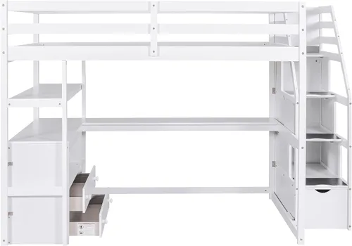 Vista 4 de Quarte Cama alta multifuncional, cama alta tamaño matrimonial con escritorio integrado y estantes de almacenamiento, dos cajones y escalera