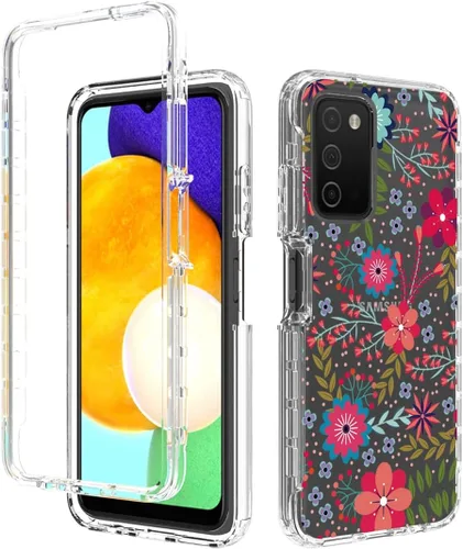 Vista 6 de Funda para Galaxy A03S / SamsungA03S SM-A037U con protector de pantalla de vidrio templado, cuerpo completo transparente floral TPU delgado funda