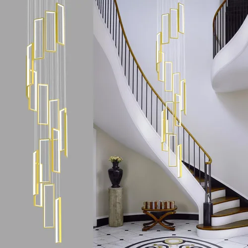 Vista 12 de Accesorio de Lámpara Colgante Moderna para Cocina Dorada 18W LED Lámpara Colgante 2 Anillos Candelabro Rectangular Iluminación Colgante para Isla