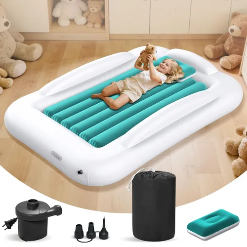 Vista 14 de Cama de viaje inflable para niños pequeños - Cama de viaje portátil para niños con lados de seguridad, juego completo de colchón de aire para niños