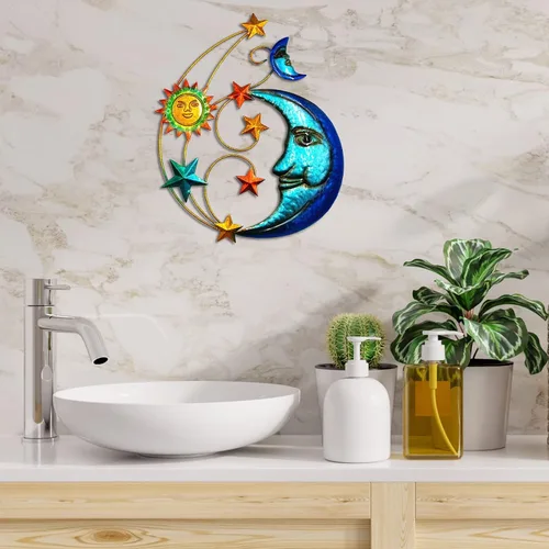 Vista 4 de Decoración de pared de metal para exteriores, tamaño grande de 17 pulgadas, escultura de pared de metal con luna y estrellas para decoración