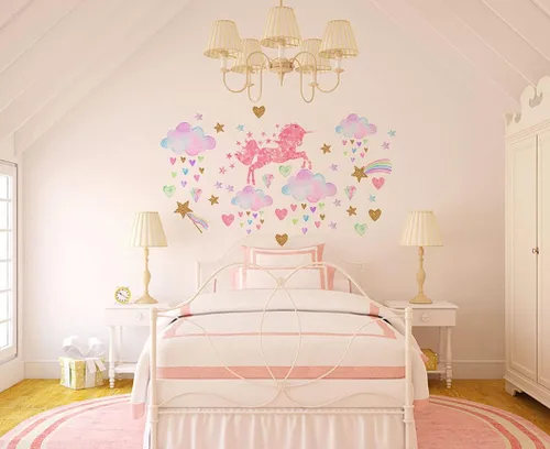 Vista 5 de Calcomanías de pared de unicornio para guardería, unicornio rosa con estrellas y nubes de arco iris, calcomanía de pared para dormitorio de bebé