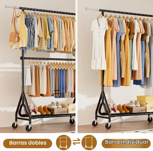Vista 4 de Perchero de ropa con doble varilla, resistente para colgar ropa con carga de 560 libras, percheros de metal con ruedas, estantes para colgar ropa