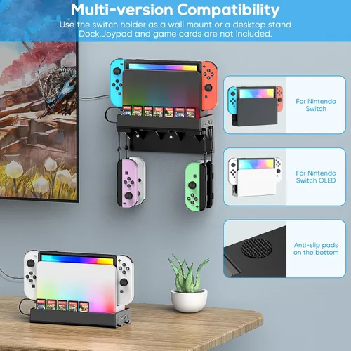 Vista 2 de WOLIBEAR Kit de montaje en pared para Nintendo Switch y Switch OLED, soporte de pared para consola Switch con 7 soportes para tarjetas de juego y 4