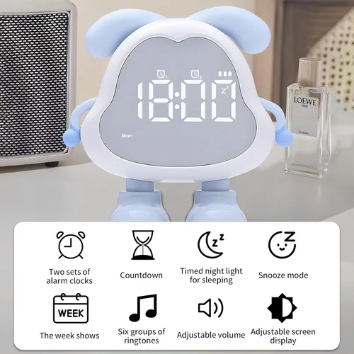 Vista 4 de DORA - Reloj despertador para perros para dormitorios de niños y niñas, bonito reloj despertador LED con pantalla digital, entrenador de sueño