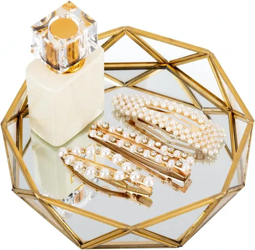 Vista 8 de Feyarl Bandeja Pequeña de Cristal Dorado para Perfumes, Organizador de Baratijas y Joyas, Bandeja Decorativa Ornamentada para Vanidad, Cosméticos