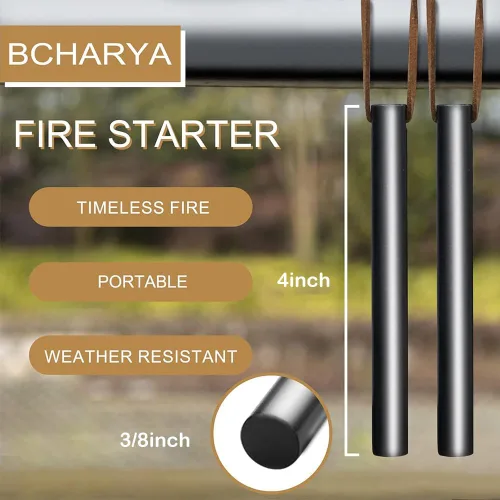 Vista 2 de BCHARYA Fire Starter Survival Tool, Ferro Rod Kit with Leather Neck Lanyard and Multi-Tool Striker, Flint and Steel Survival Igniter with Tinder