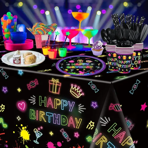 Vista 8 de Paquete de 247 suministros de fiesta de neón que brillan en la oscuridad, decoraciones de fiesta con luz negra, platos, pancartas de luz negra