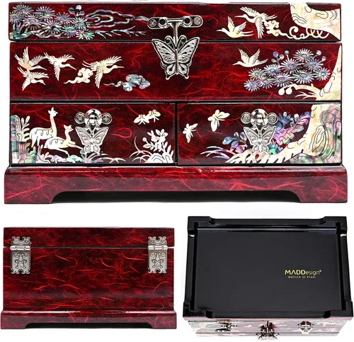Vista 6 de MADDesign Mother of Pearl Joyero Lacado Dos Grúas Niveles Rojo