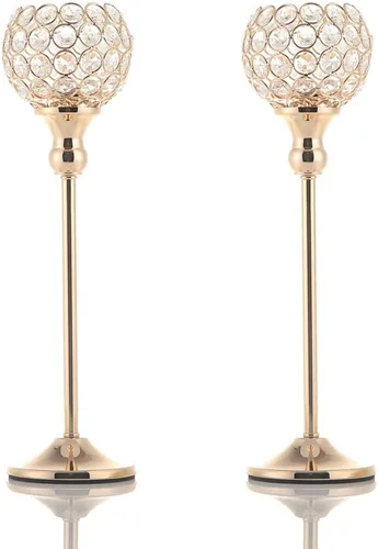 Vista 10 de Juego de 2 portavelas de cristal dorado para chimenea, mesa auxiliar, decoración de bodas, hogar, Halloween, centros de mesa 13“ Tall Tea Light
