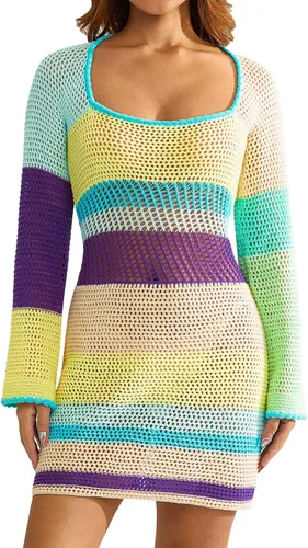 Vista 9 de Fabumily - Vestido mini de punto y ganchillo para mujer, manga larga, colorido, de malla, cubrecosturas casuales, suéter de playa de verano blanco