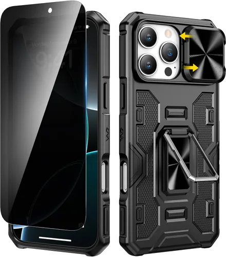 Vista 11 de VEGO Funda para iPhone 14 ProMax con soporte, protector de pantalla de privacidad y cubierta de lente de cámara y anillo giratorio de 360°