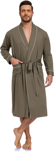 Vista 7 de COLORFULLEAF Bata de baño para hombre, 100% algodón, ligera, larga, ropa de dormir de punto suave, bata de spa con bolsillos Verde militar