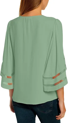 Vista 2 de luvamia Blusa casual con cuello en V y tirantes para mujer, manga acampanada 34, panel de malla