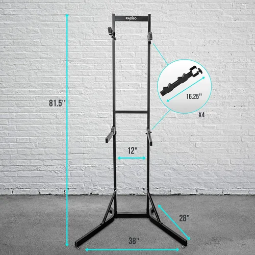 Vista 5 de RaxGo Estante de almacenamiento de garaje para bicicletas, soporte de piso de garaje para 4 bicicletas, ajustable, independiente, ganchos