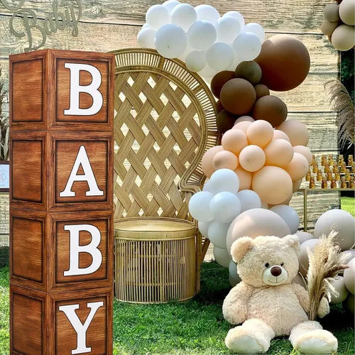 Vista 8 de Cajas de baby shower para decoración de fiesta, 4 bloques de madera de grano marrón con letras de bebé, letras impresas, decoración de centro