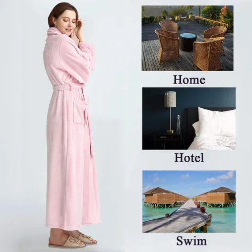 Vista 5 de Hellomamma Bata de baño larga para mujer, de felpa suave, de forro polar, camisón para mujer, pijama, ropa de dormir
