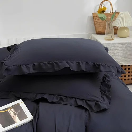 Vista 4 de INDACORIFY Juego de funda de edredón de algodón con volantes, color azul oscuro, funda de edredón con volantes, tamaño King, juego de ropa de cama