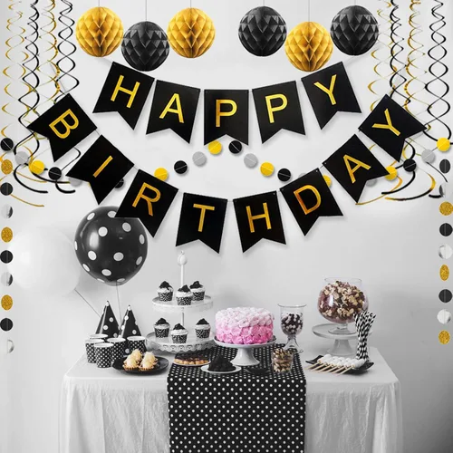 Vista 5 de Decoraciones de cumpleaños negras con pancarta de feliz cumpleaños, bolas de papel en forma de panal de abeja, guirnalda circular y decoraciones