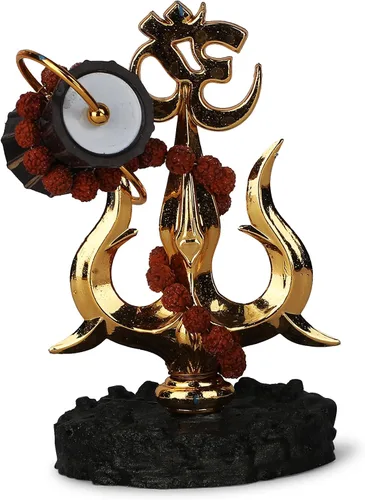 Vista 2 de Trishul chapado en oro con símbolo Damru y Om (4 pulgadas) – Tridente Shiva de resina antigua para Puja, Real Rudraksh Mala Shiva, ídolo de Shiva