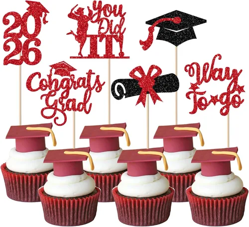 Vista 20 de Paquete de 24 adornos para cupcakes de clase de 2026 con purpurina 2026 para diploma de graduación 2026, selecciones para cupcakes para graduación