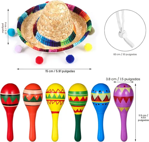 Vista 3 de Honoson 12 piezas de maracas de madera para fiesta, 6 mini sombreros de Cinco de Mayo, sombrero mexicano de copa para decoración de fiesta