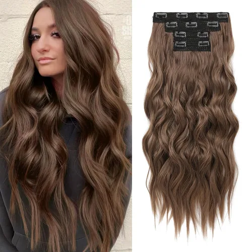 Vista 31 de REECHO Extensiones de cabello con pinza, 4 piezas de extensiones de cabello rubio de 24" de largo, ondas de playa gruesas, HE003, trama de encaje
