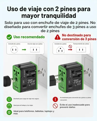 Vista 6 de MFish Adaptador de viaje universal de 5 puertos de 75 W, carga todo en uno Negro