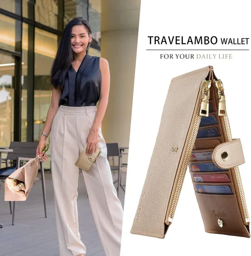 Vista 5 de Travelambo - Billetera con interferencia de radiofrecuencia (RFID) para mujer, tamaño grande, plegable, para varias tarjetas, con cremallera