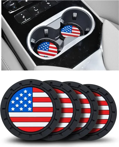 Vista 8 de Portavasos para automóvil, paquete de 4 unidades, bandera estadounidense de 2.75 pulgadas, antideslizante, a prueba de golpes, alfombrilla