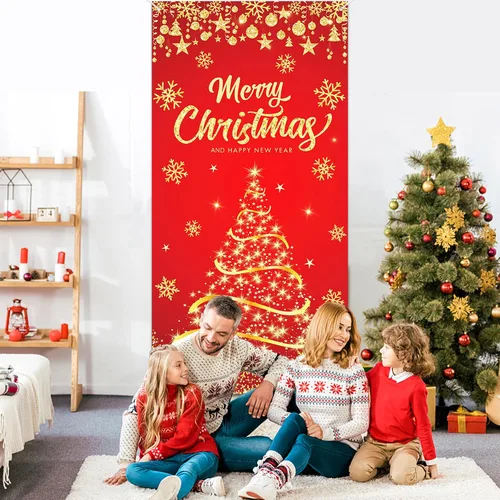 Vista 7 de Cubierta de Puerta de Navidad Árbol de Navidad Dorado Feliz Navidad Purpurina Copo de Nieve Cubierta de Puerta Pancartas Fondo de Fotografía