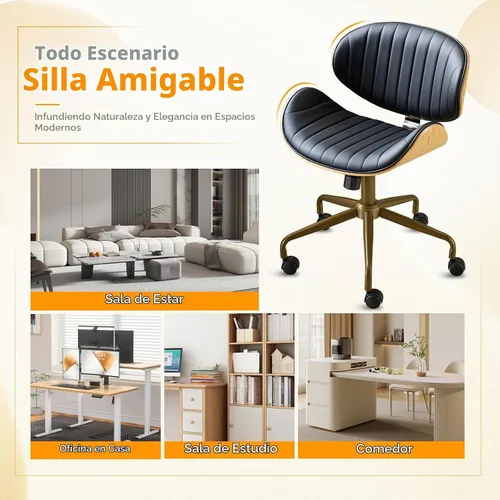 Vista 8 de VINGLI Silla giratoria de oficina en casa amplia y cómoda con carcasa curvada de grano de madera, silla de escritorio ergonómica acolchada sin negro