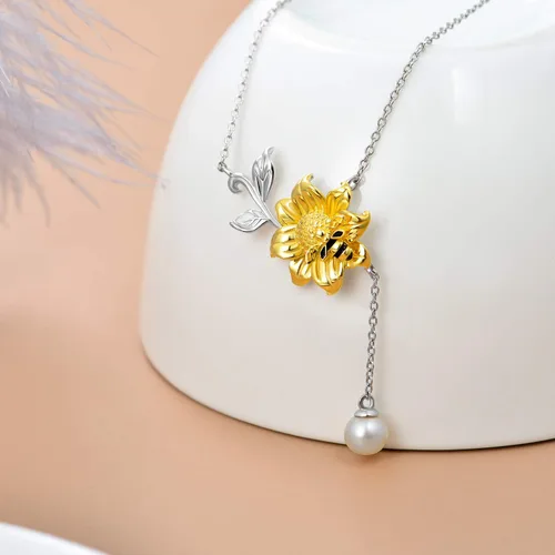 Vista 5 de Yafeeso Pearl Pendant Necklace 925 Sterling Silver Single PearlBee Sunflower Pendant Necklace Dainty Jewelry Gifts for Her