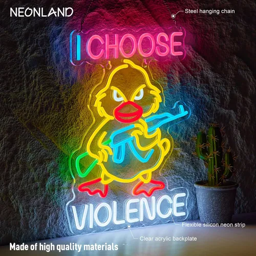 Vista 2 de Letrero de neón con texto en inglés "I Choose Violence Duck - Pistola de ganso con luz LED AK 47, decoración con USB, regulables, para pub, tienda