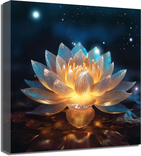 Vista 7 de QIXIANG Lienzo decorativo para pared de baño zen, pinturas de flores brillantes de loto para sala de estar, dormitorio, yoga, spa, meditación Loto