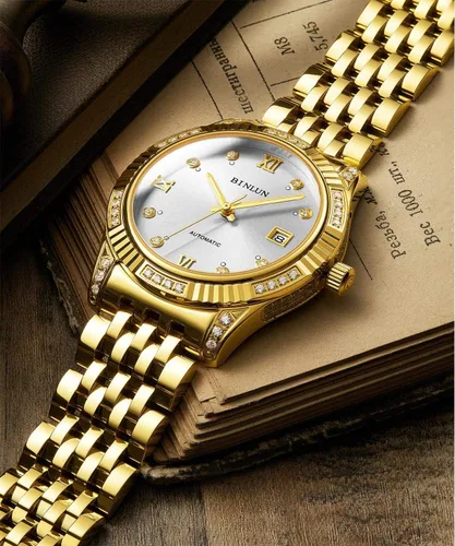 Vista 22 de BINLUN Reloj de pulsera para hombre, mecánico automático, reloj dorado con cuerda automática, elegante, chapado en oro de 18 quilates, relojes
