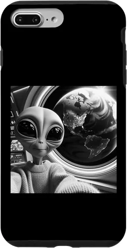 Vista 9 de iPhone 14 lindo alienígena divertido negro y blanco selfie UFO Earth caso